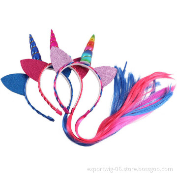New Girl Rainbow Unicorn Braids Headband Kids Hair Bow Pony Cosplay Gifts Fancy Dress Wig Birthday Party Unicorn Accessories